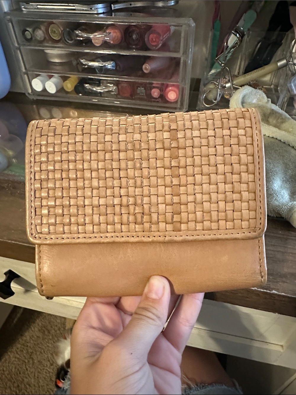 Woven Flap Compact Wallet in Tan